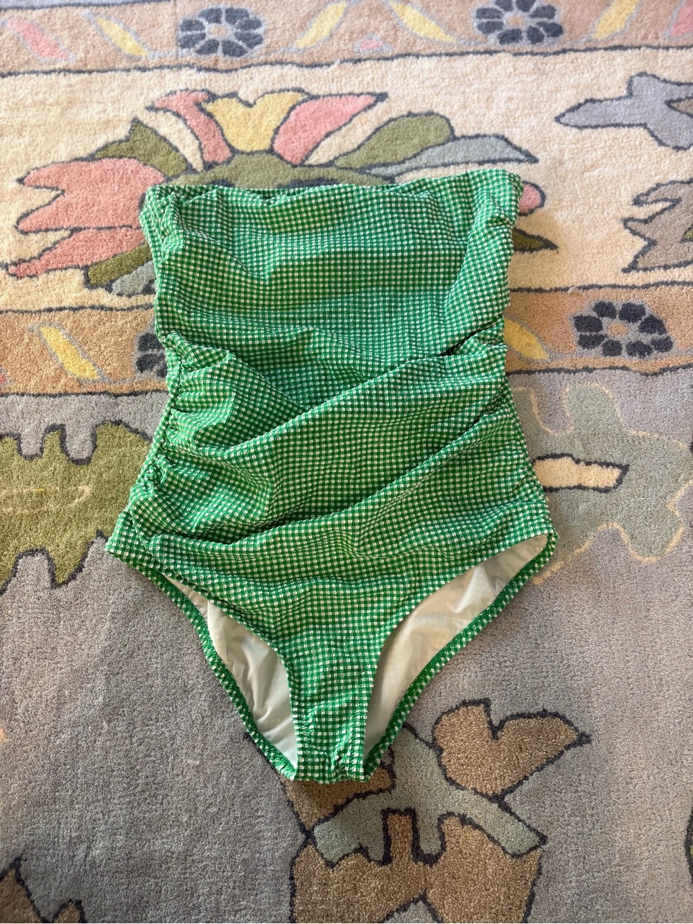 J. Crew Green Gingham Strapless One-Piece Swimsuit